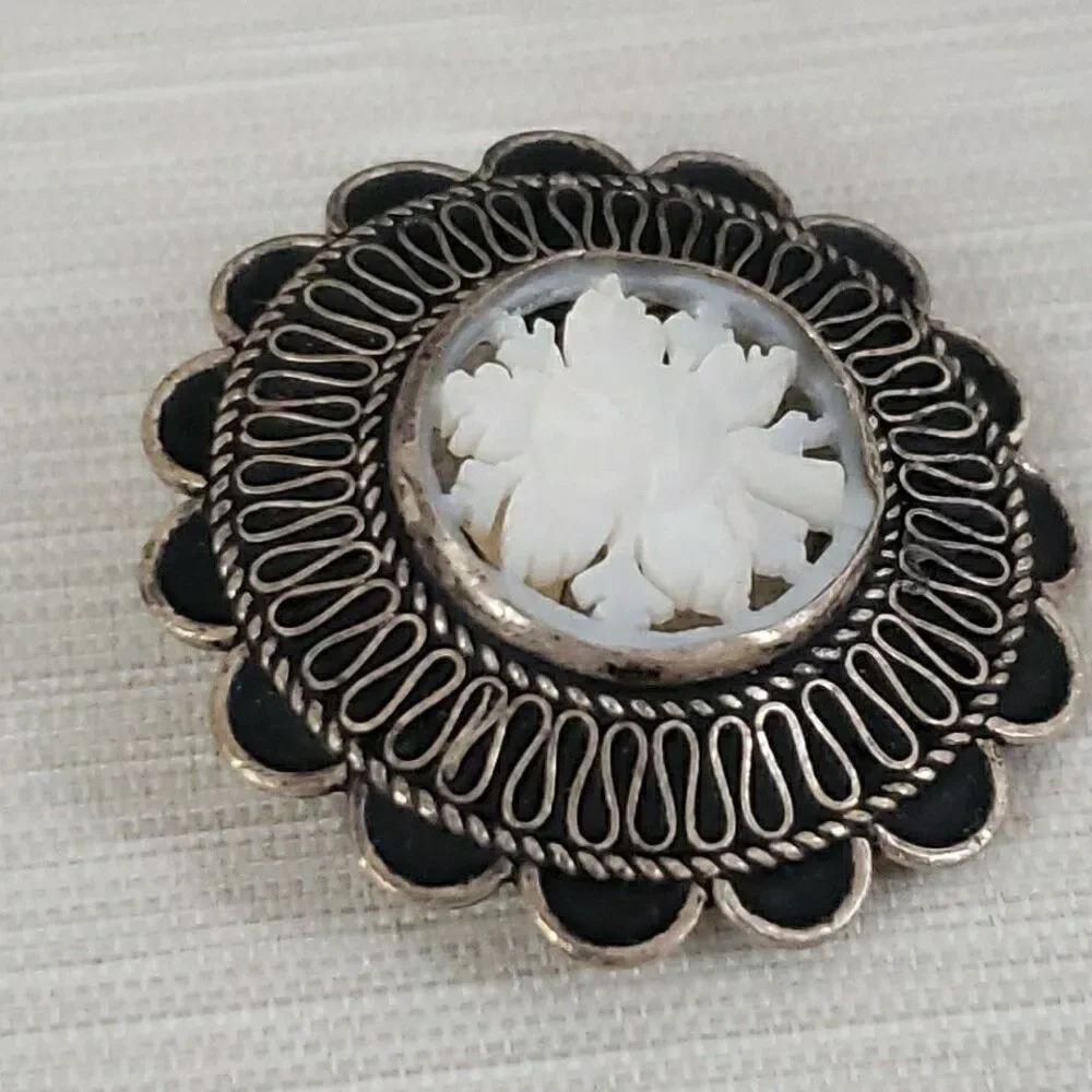 Vintage 935 Silver Jerusalem Carved Mother Of Pearl Flower Brooch Pin Pendant